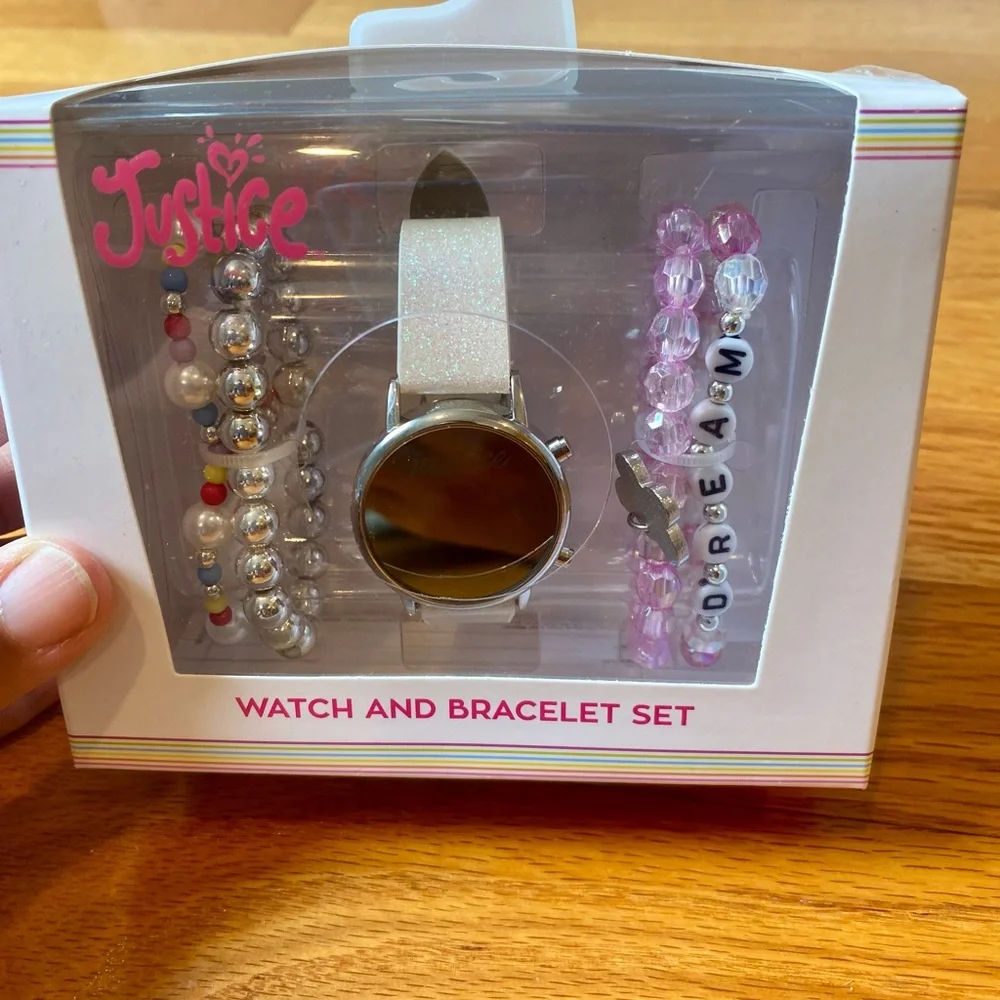 Justice watch and bracelet set in box